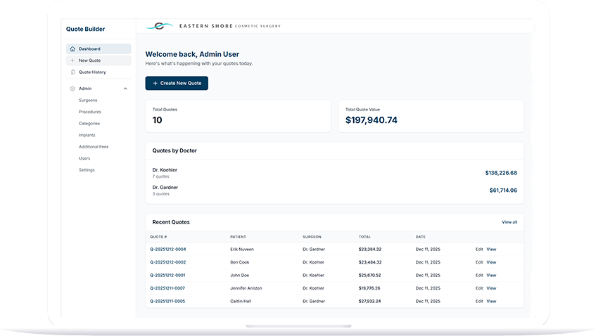 Surgery quote software dashboard showing patient quotes